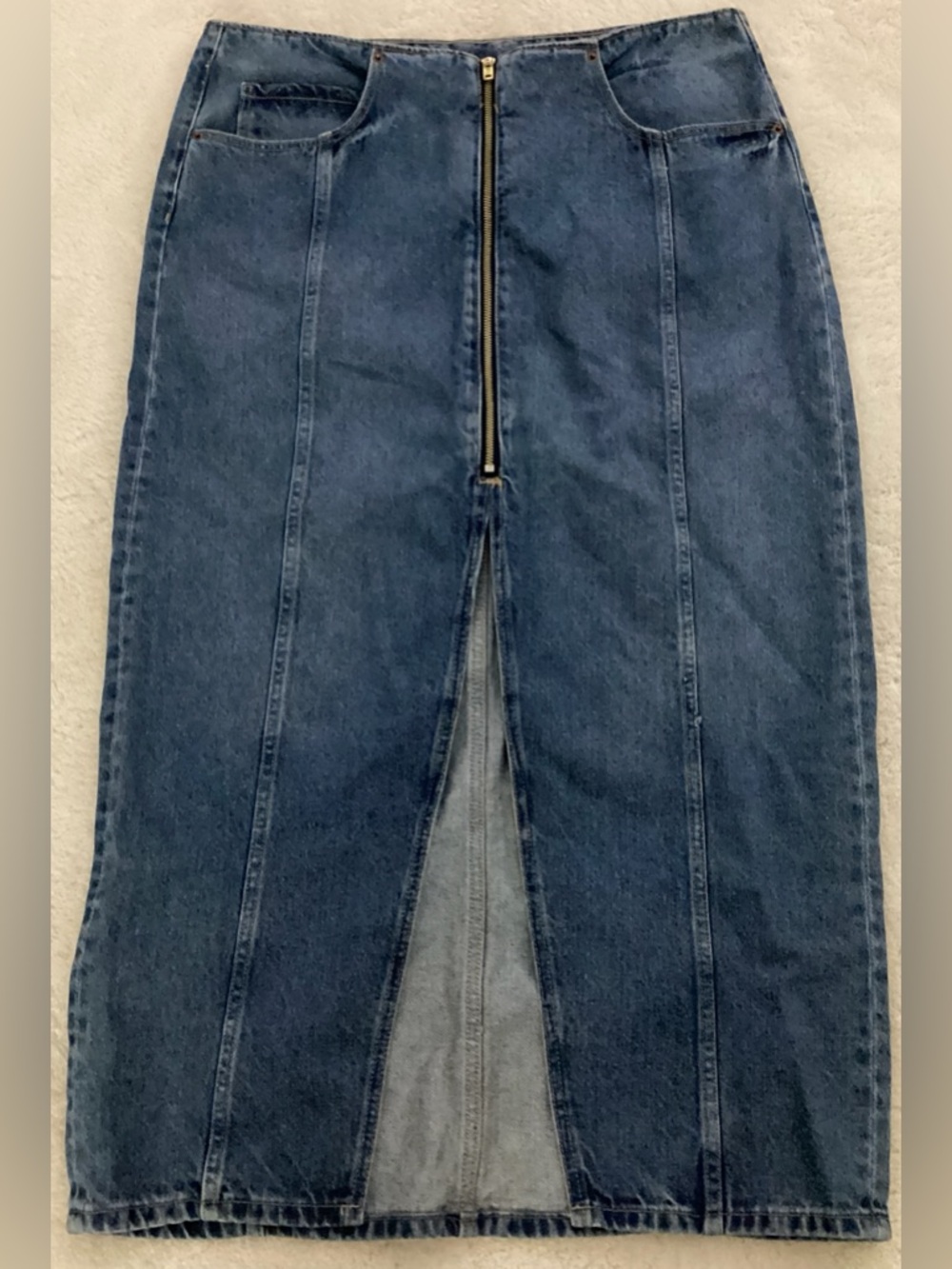 Old Navy Blue Denim Midi Skirt with Front Metal Zipper Size 12 Y2K